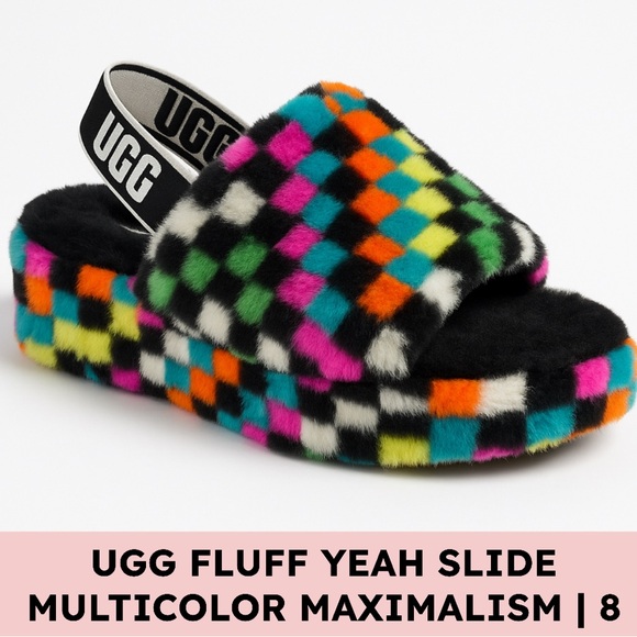 UGG Fluff Yeah Slide Checks Faux Fur Multicolor Sandals Size 8 - Picture 1 of 9